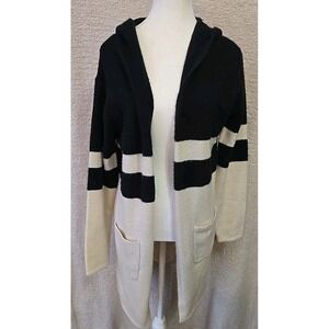 Baciano Hooded Black/Ivory Stiped Sweater Cardigan Open Front Women's‎ M